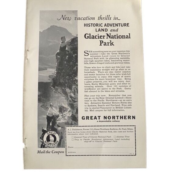 Vintage 1927 Great Northern Glacier National Park Ad Advertisement - Picture 1 of 6